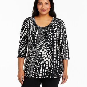 NEW DIRECTIONS WOMAN Polka Dot Ruffle Neck 3/4 Sleeve Top 1X
